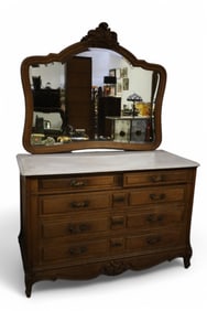 FRENCH MARBLE TOP DRESSER WITH MIRROR