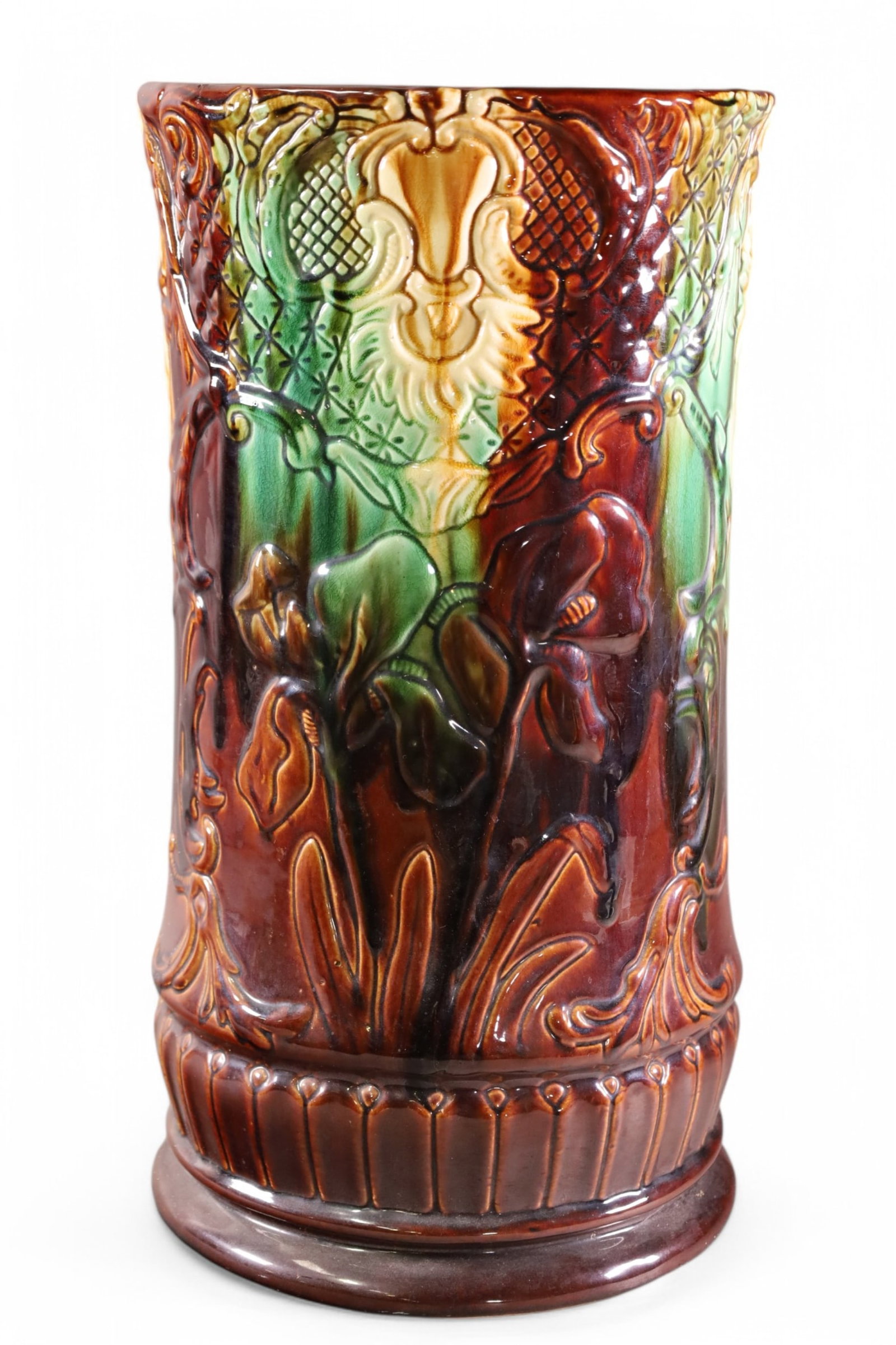 MAJOLICA UMBRELLA STAND: MAJOLICA UMBRELLA STAND, HAIRLINE CRACK. 10" x 18 1/2" H
