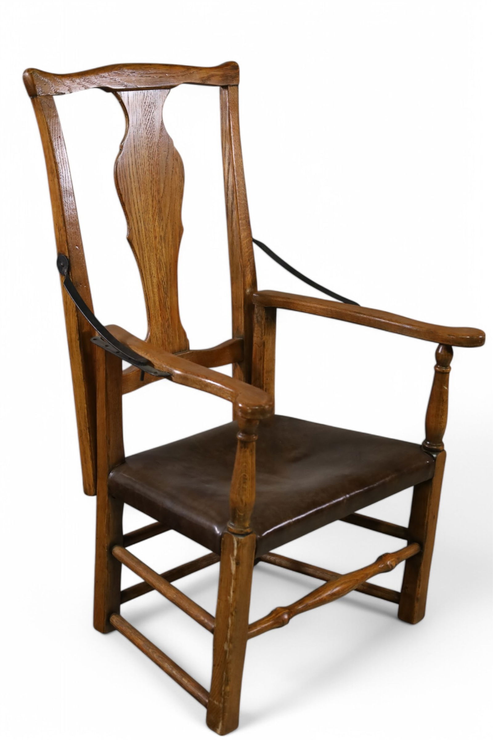 OAK RECLINING CHAIR: TALL BACK OAK RECLINING ARMCHAIR, 26" W x 20" D x 43" H. THIS ITEM EXCEEDS SIZE LIMITATIONS FOR IN HOUSE SHIPPING, MUST BE PICKED UP IN HOUSE OR SHIPPED VIA A 3RD PARTY SHIPPER.