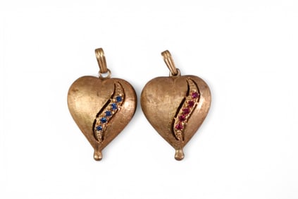 PAIR OF 14k GOLD RUBY & SAPPHIRE HEART PENDANTS
