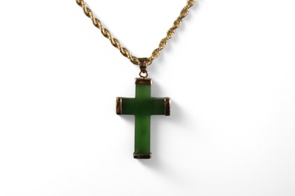 14k GOLD CHAIN, STERLING & SYNTHETIC NEPHRITE CROS