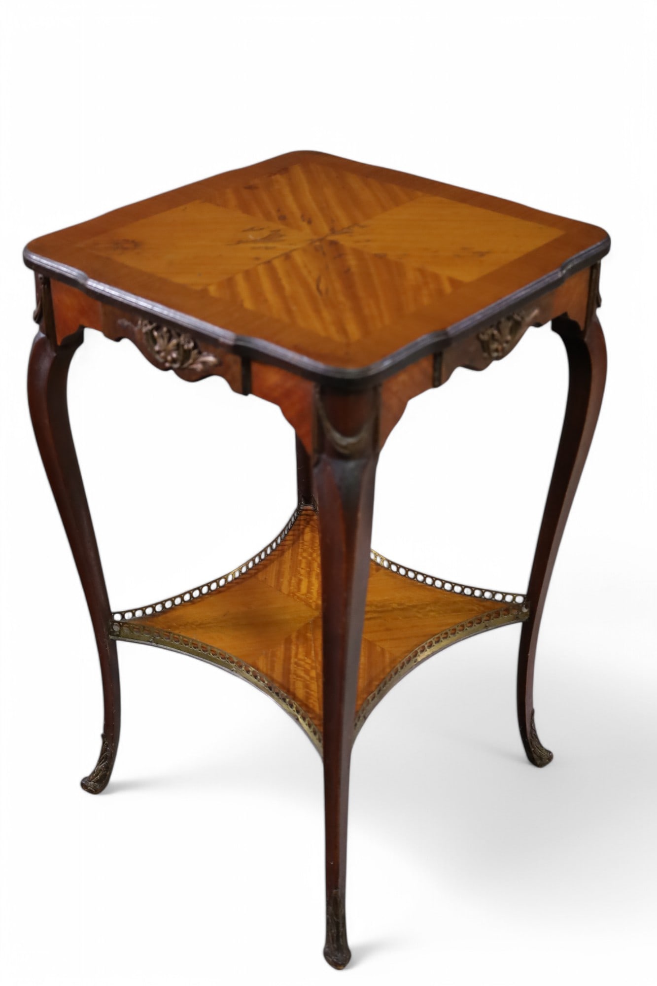 FRENCH SIDE TABLE: TWI TIER FRENCH SIDE TABLE, LOWER BRASS GALLERY. 16" W x 16" D x 27" H. THIS ITEM EXCEEDS SIZE LIMITATIONS FOR IN HOUSE SHIPPING, MUST BE PICKED UP IN HOUSE OR SHIPPED VIA A 3RD PARTY SHIPPER.