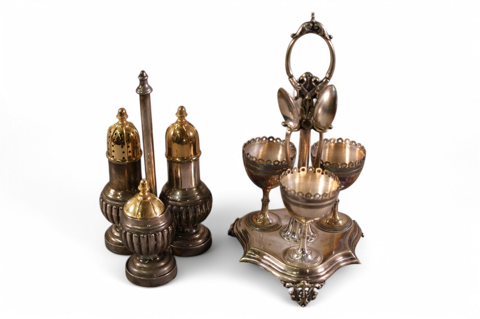 2 TABLE SERVING ITEMS: EGG CUP & SALT & PEPPER SHAKER SET, 8" - 10" H