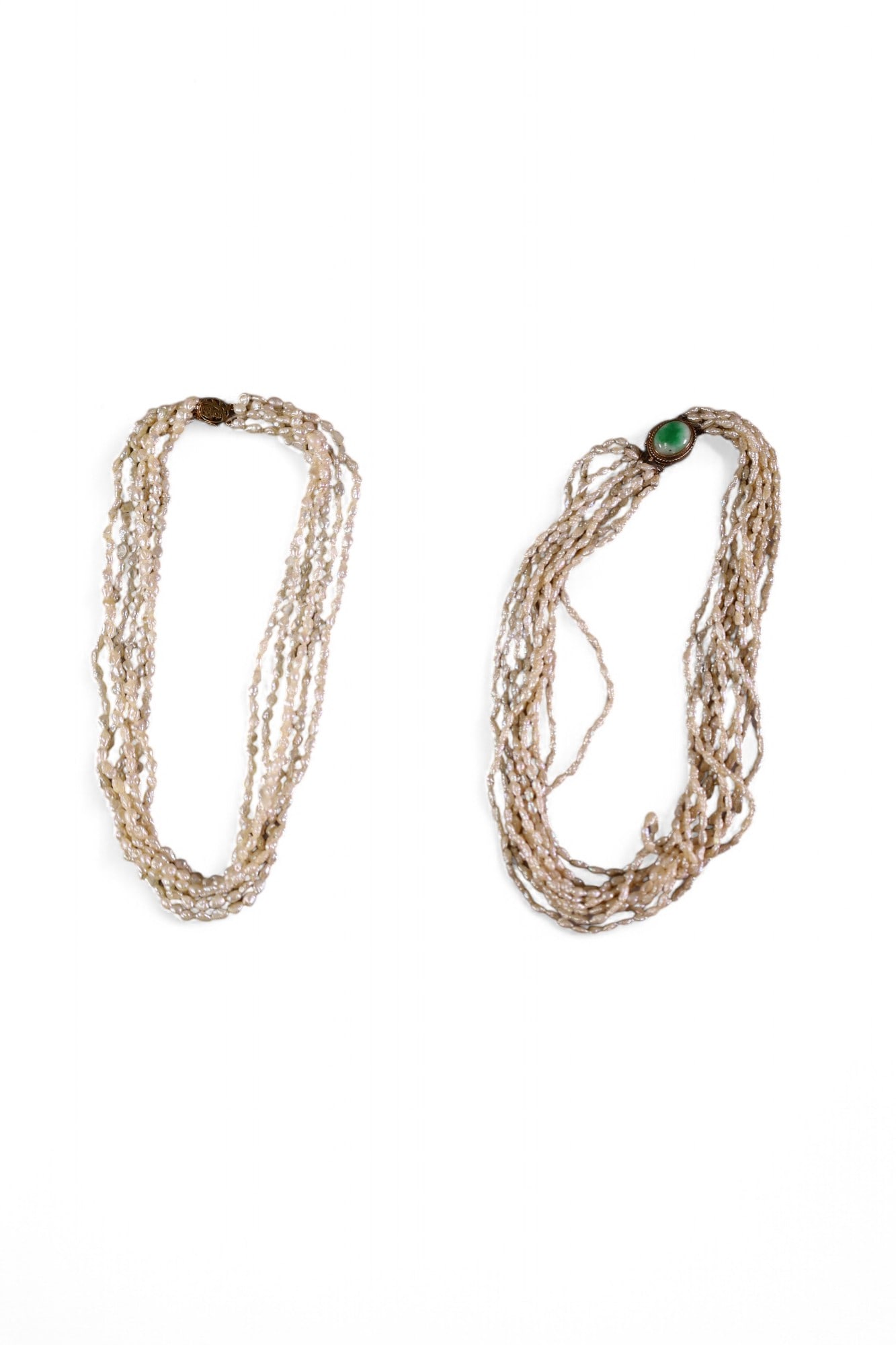 2 PEARL NECKLACES: 6 STRAND PEARL NECKLACE WITH 14k GOLD CLASP. & 10 STRAND WITH 14k GOLD CLASP. 14" L.