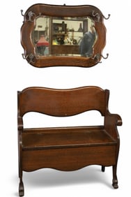1900'S AM. OAK HALL BENCH & MIRROR
