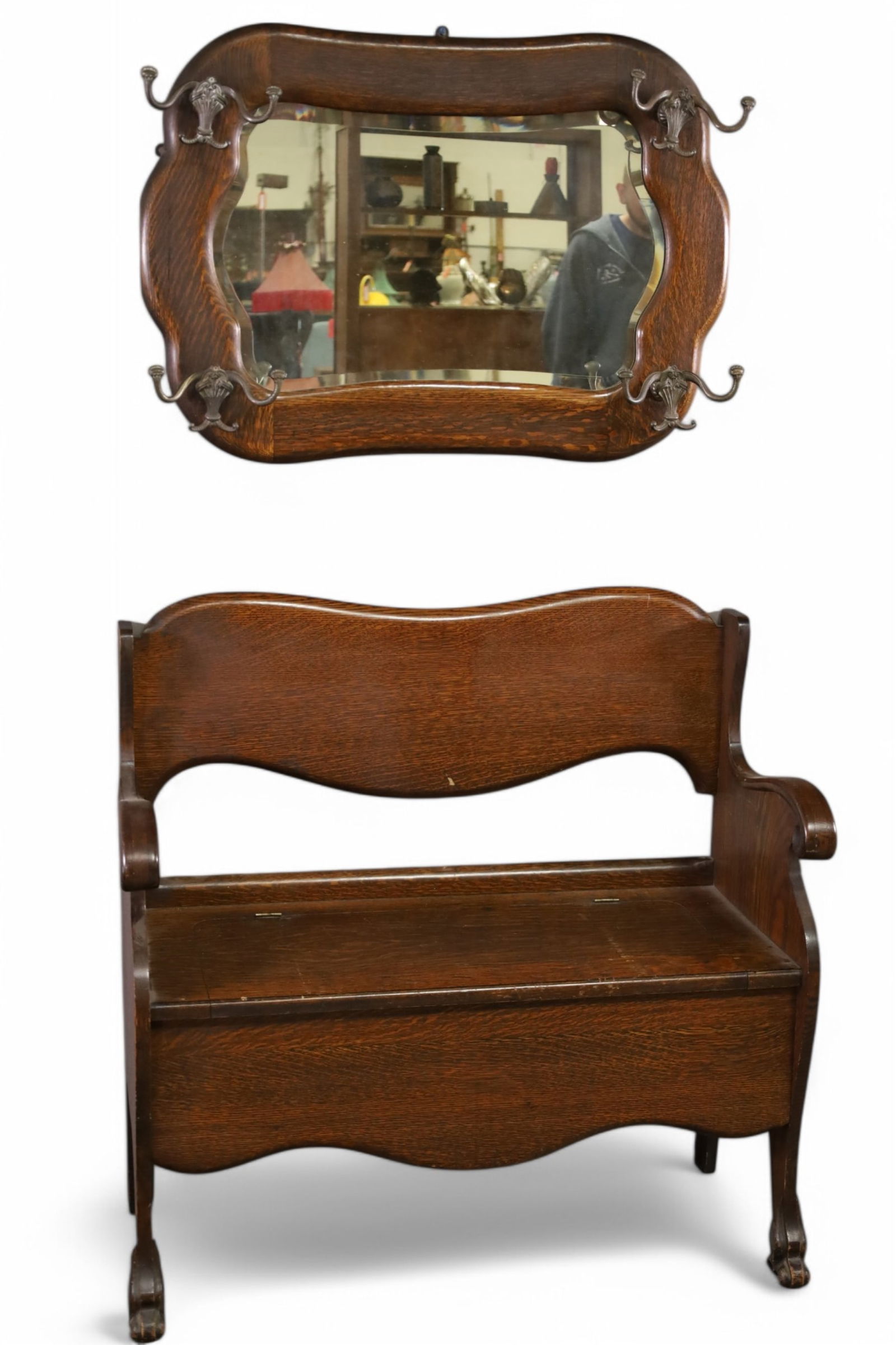 1900'S AM. OAK HALL BENCH & MIRROR (1 of 4)