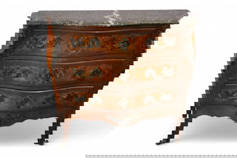 INLAID FRENCH MARBLE TOP CHEST: 3 DRAWER FRENCH INLAID BOMBAY CHEST, MOUNTED ORMOLU, MINOR DAMAGE TO VENEER. NO KEY. 47" W x 19" D x 39" H. THIS ITEM EXCEEDS SIZE LIMITATIONS FOR IN HOUSE SHIPPING, MUST BE PICKED UP IN HOUSE OR SHIP