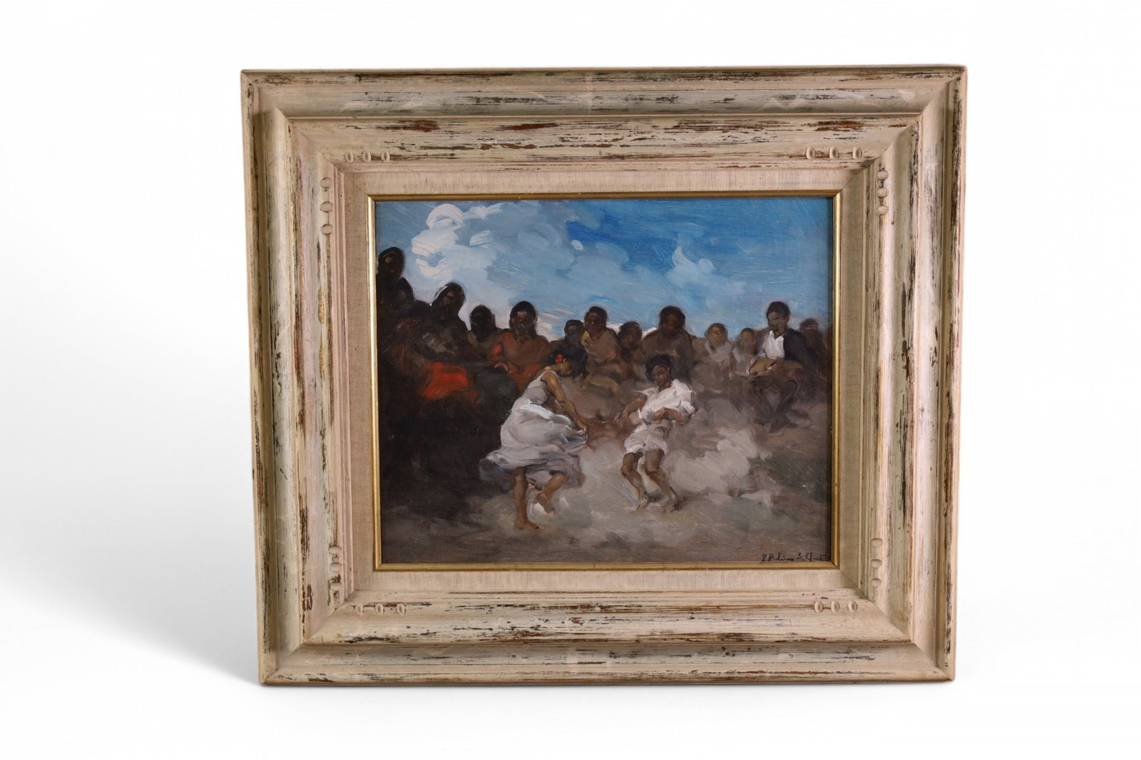 FRANCISCO RODRIGUEZ SANCHEZ-CLEMENT OIL PAINTING: OIL ON CANVAS, SIGNED LOWER RIGHT, DANCING SCENE OIL PAINTING. 16" x 13" IMAGE SIZE / 24" x 21" IN FRAME