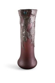PEWTER OVERLAID ART GLASS VASE