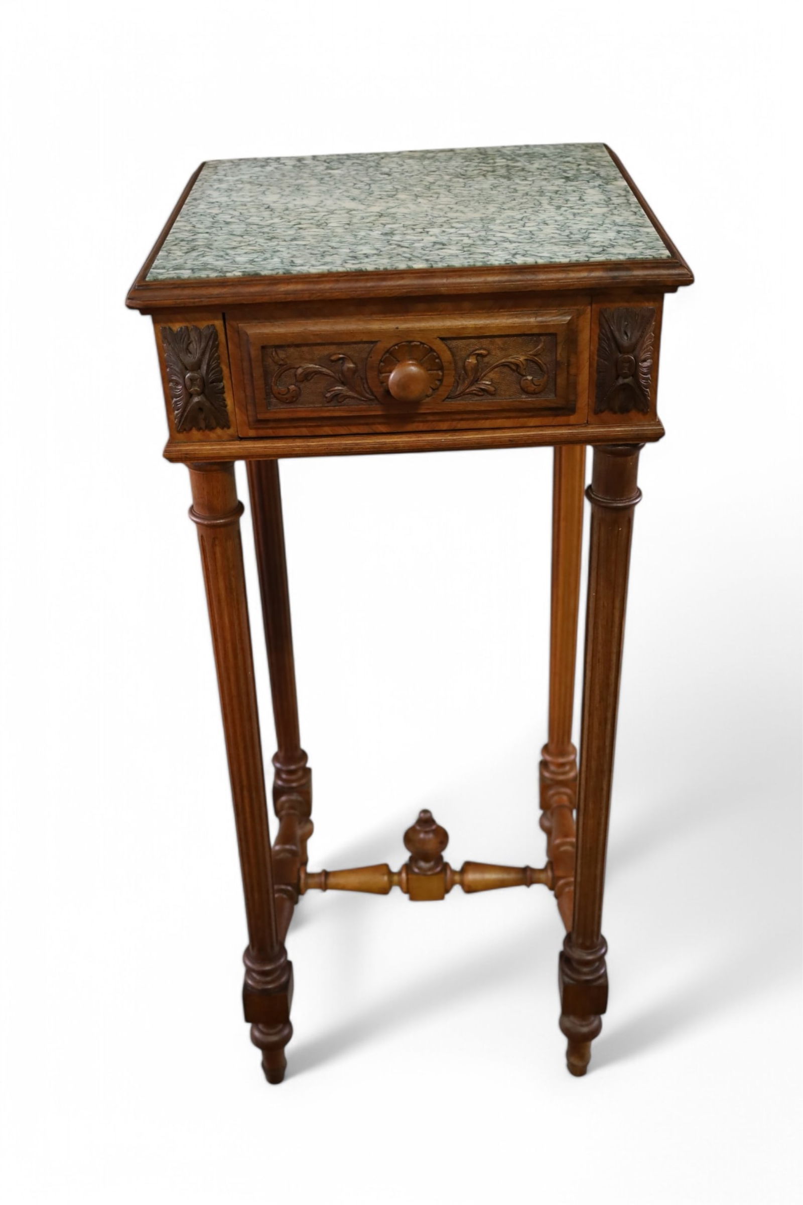 1920'S MARBLE TOP NIGHTSTAND: SINGLE DRAWER MARBLE TOP NIGHTSTAND, 15" x 15" x 33" H. THIS ITEM EXCEEDS SIZE LIMITATIONS FOR IN HOUSE SHIPPING, MUST BE PICKED UP IN HOUSE OR SHIPPED VIA 3rd PARTY GROUND SHIPPER.
