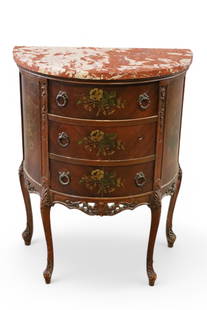1930'S FRENCH MARBLE TOP COMMODE: THREE DRAWER MARBLE TOP COMMODE, FLORAL DECOARATED SIDES. MISSING DRAWER PULL. 22" W x 13" D x 30" H. THIS ITEM EXCEEDS SIZE LIMITATIONS FOR IN HOUSE SHIPPING, MUST BE PICKED UP IN HOUSE OR SHIPPED VI