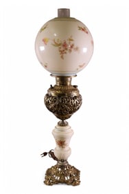 VICTORIAN BRASS & FLORAL PAINTED TABLE LAMP