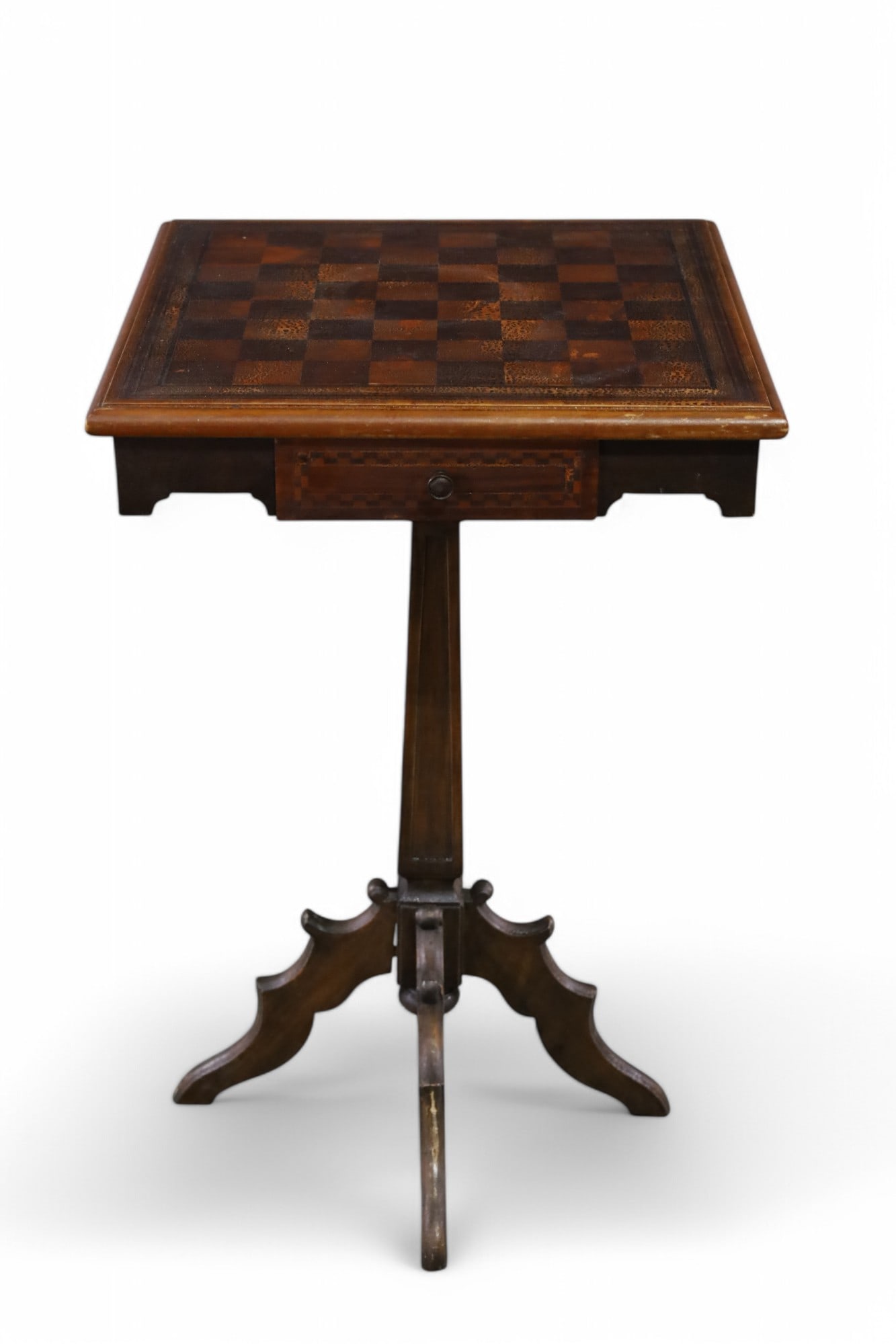 INLAID GAME TABLE: SINGLE DRAWER INLAID GAME TABLE, TOP IS SLIGHTLY LOOSE, 16" X 16" x 26" H. THIS ITEM EXCEEDS SIZE LIMITATIONS FOR IN HOUSE SHIPPING, MUST BE PICKED UP IN HOUSE OR SHIPPED VIA 3rd PARTY GROUND SHIPPER.