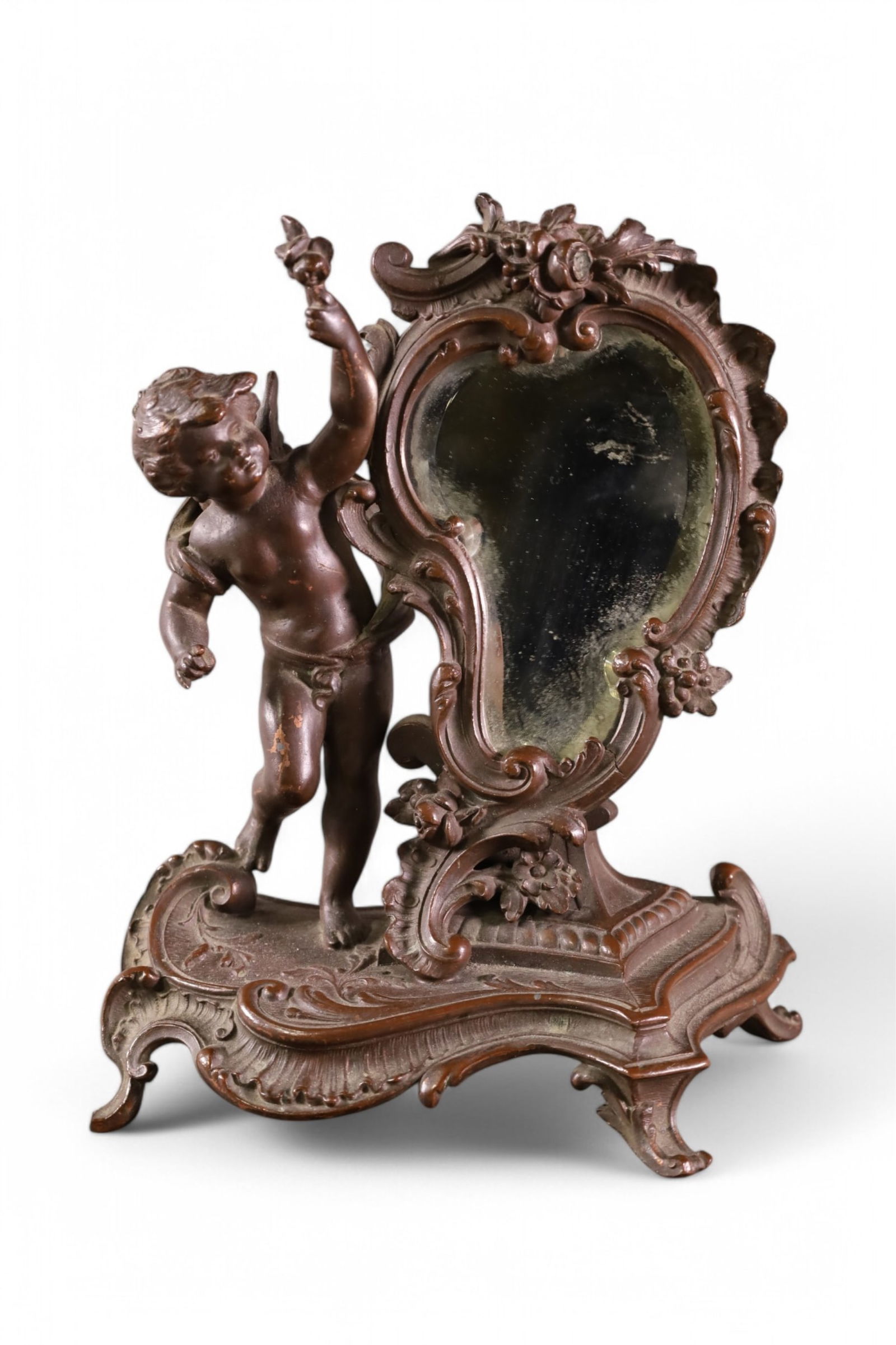FIGURAL CAST METAL MIRROR: SMALL FIGURAL CHERUB FORM MIRROR, DAMAGE AT TOP. 10" H.