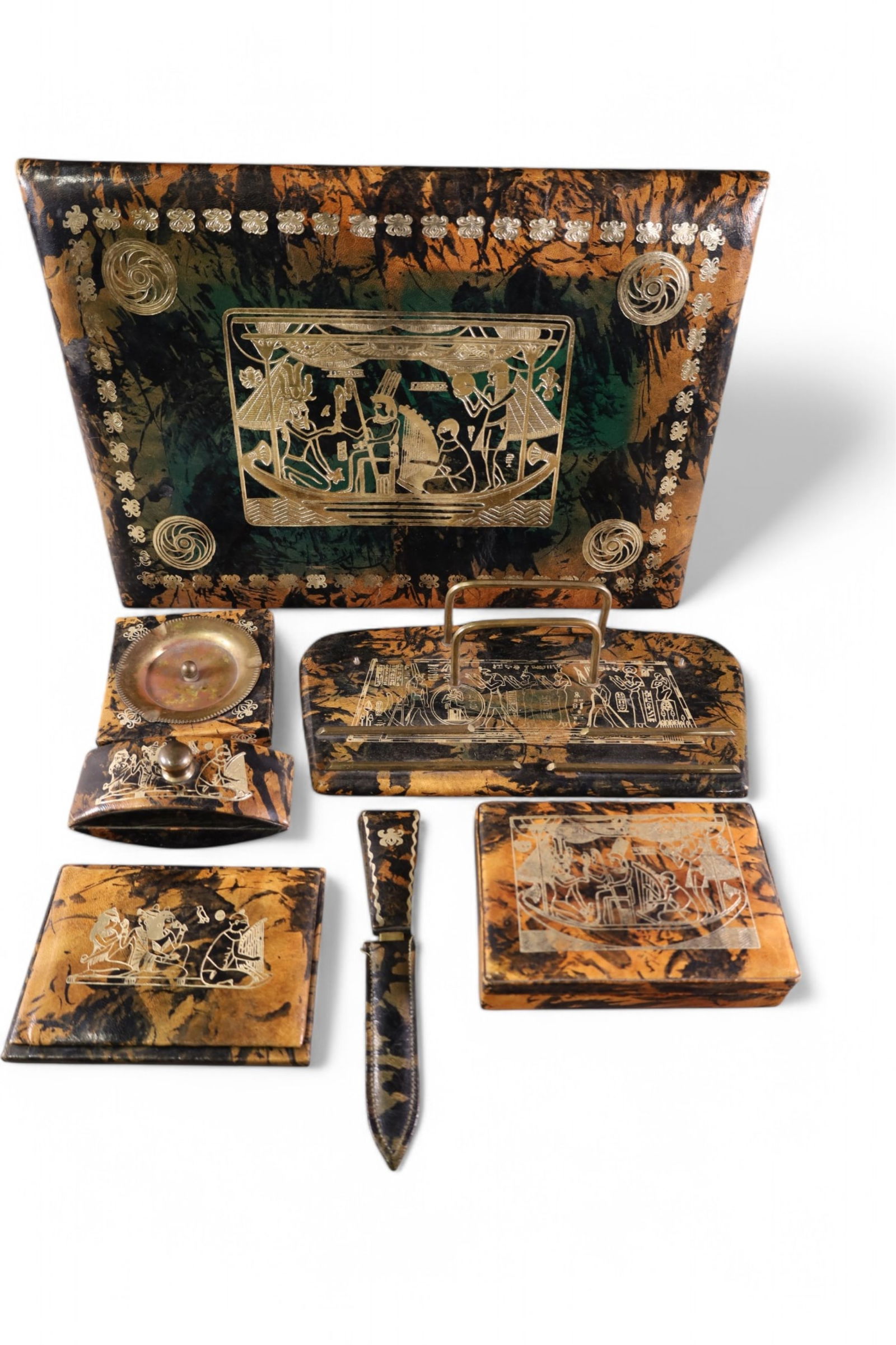 EGYPTIAN DECORATED LEATHER DESK SET (1 of 3)