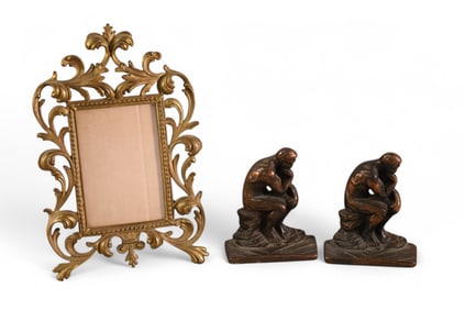 CAST IRON BOOKENDS & METAL PICTURE FRAME