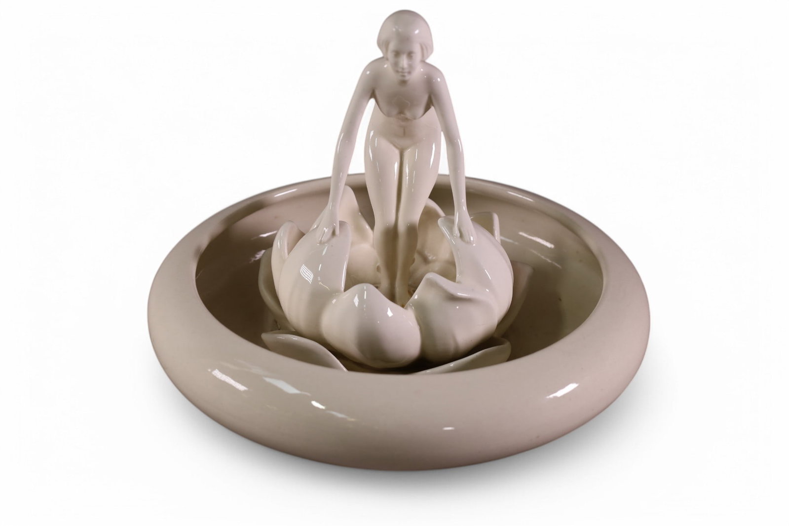 POTTERY LOW BOWL & NUDE FIGURAL FROG: POTTERY LOW BOWL & NUDE FIGURE FLOWER FROG. 10" DIAM x 8" H.