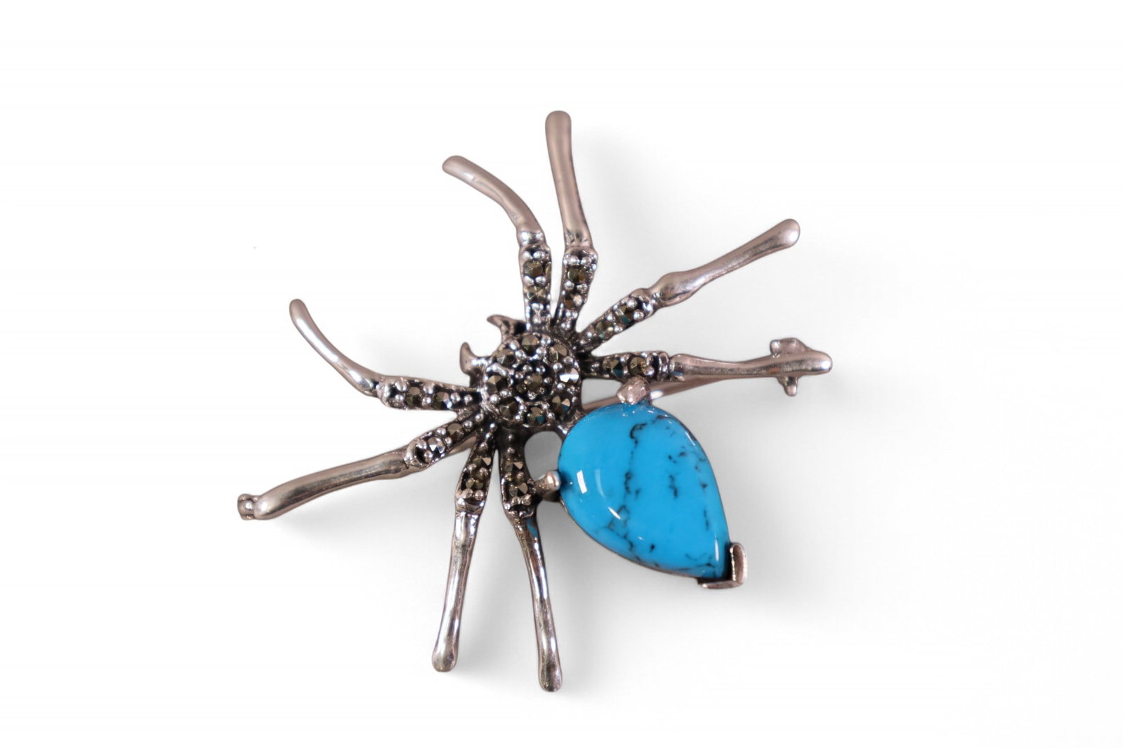 STERLING SPIDER PIN: STERLING SILVER SPIDER FORM PIN WITH TURQUOISE, 2" W