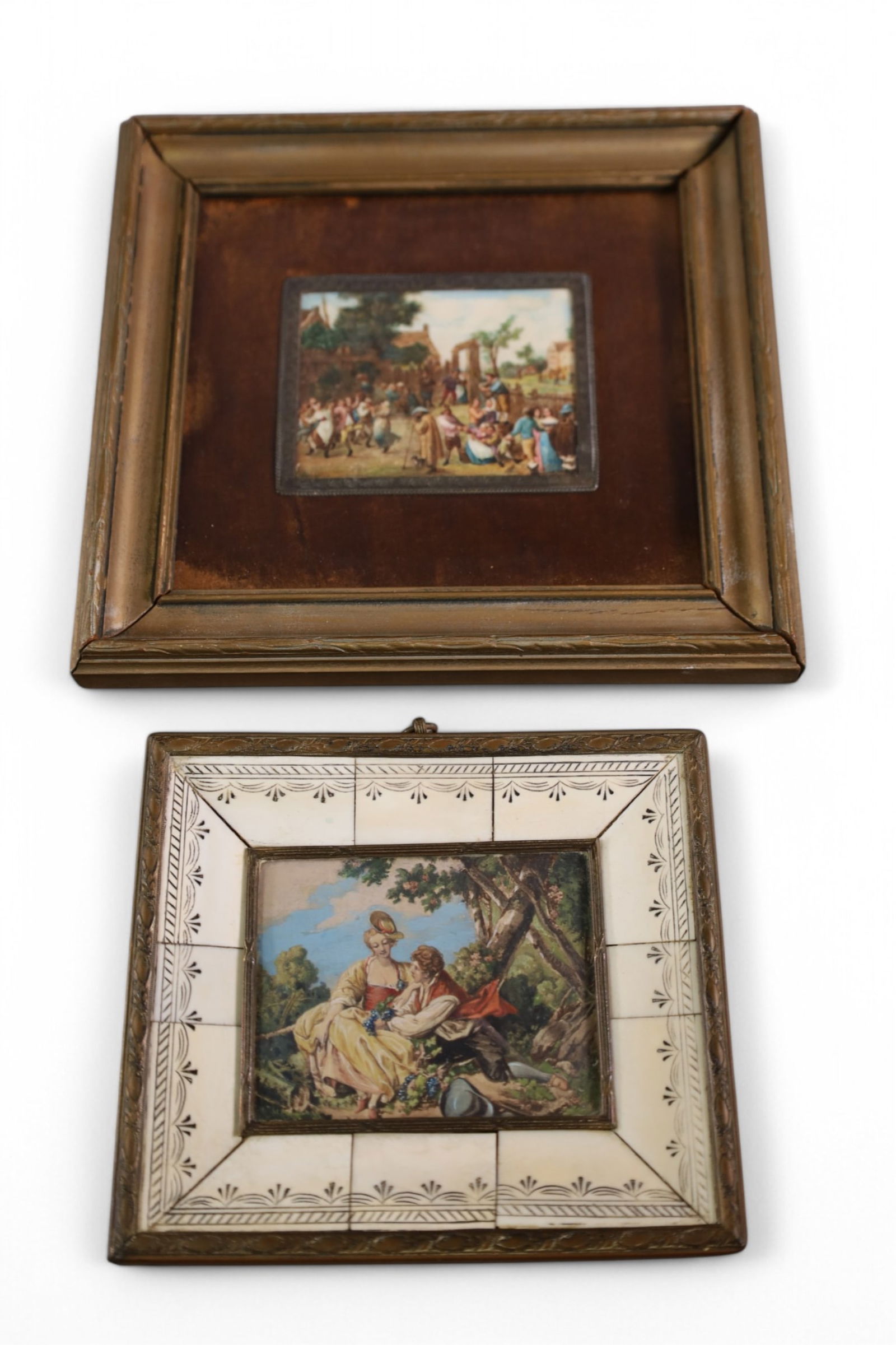 2 MINIATURE PAINTINGS: CARVED BONE FRAME & MINIATURE PAINTING. 7 1/2" x 7" & 5" x 5"