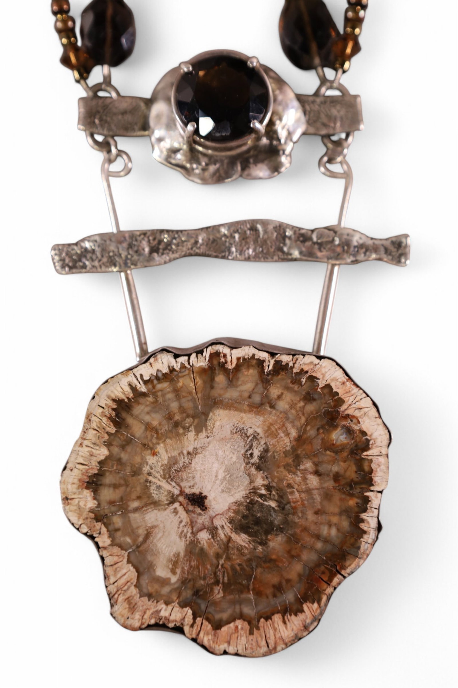 PETRIFIED WOOD & SILVER NECKLACE: SILVER WITH GLASS BEADS, PETRIFIED WOOD PENDANT. 26" L.