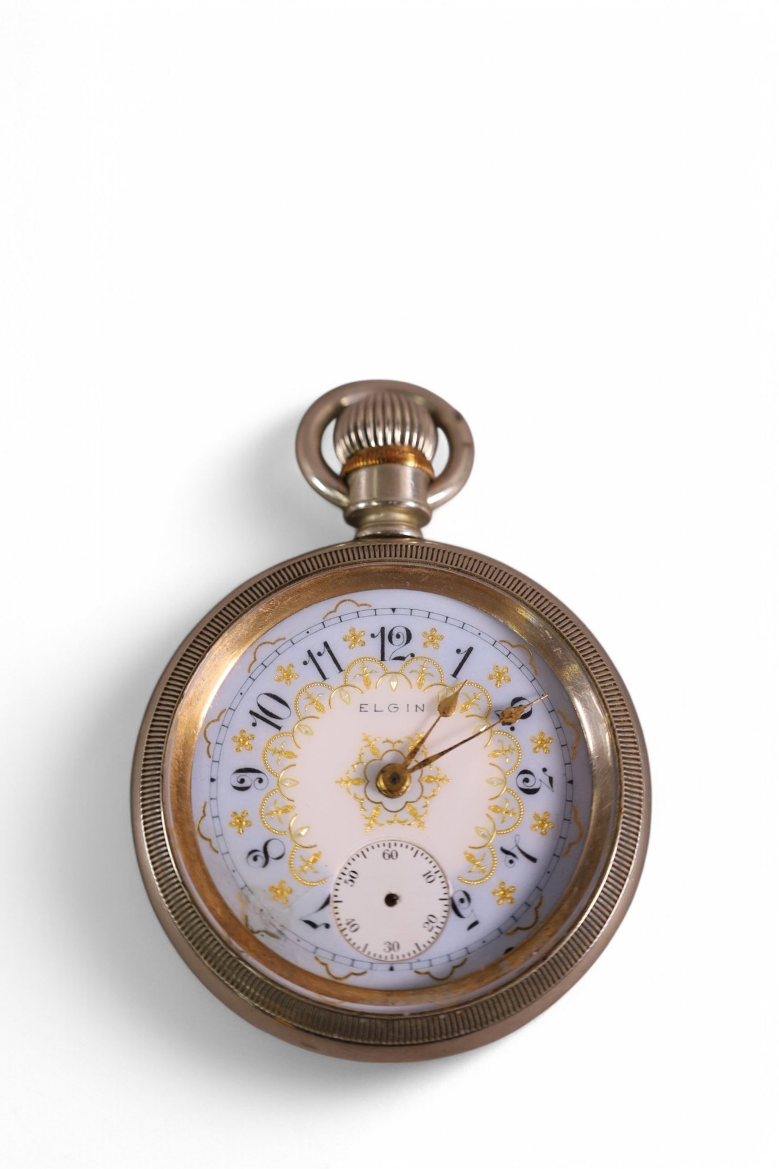 ELGIN PORCELAIN DIAL POCKETWATCH: ELGIN POCKETWATCH, SILVER CASED, MISSING MINUTE HAND, MISSING MINUTE HAND, 2" DIAM. ALL WATCHES ARE SOLD AS IS UNSERVICED, WE DO NOT GUARANTEE WORKING ORDER.