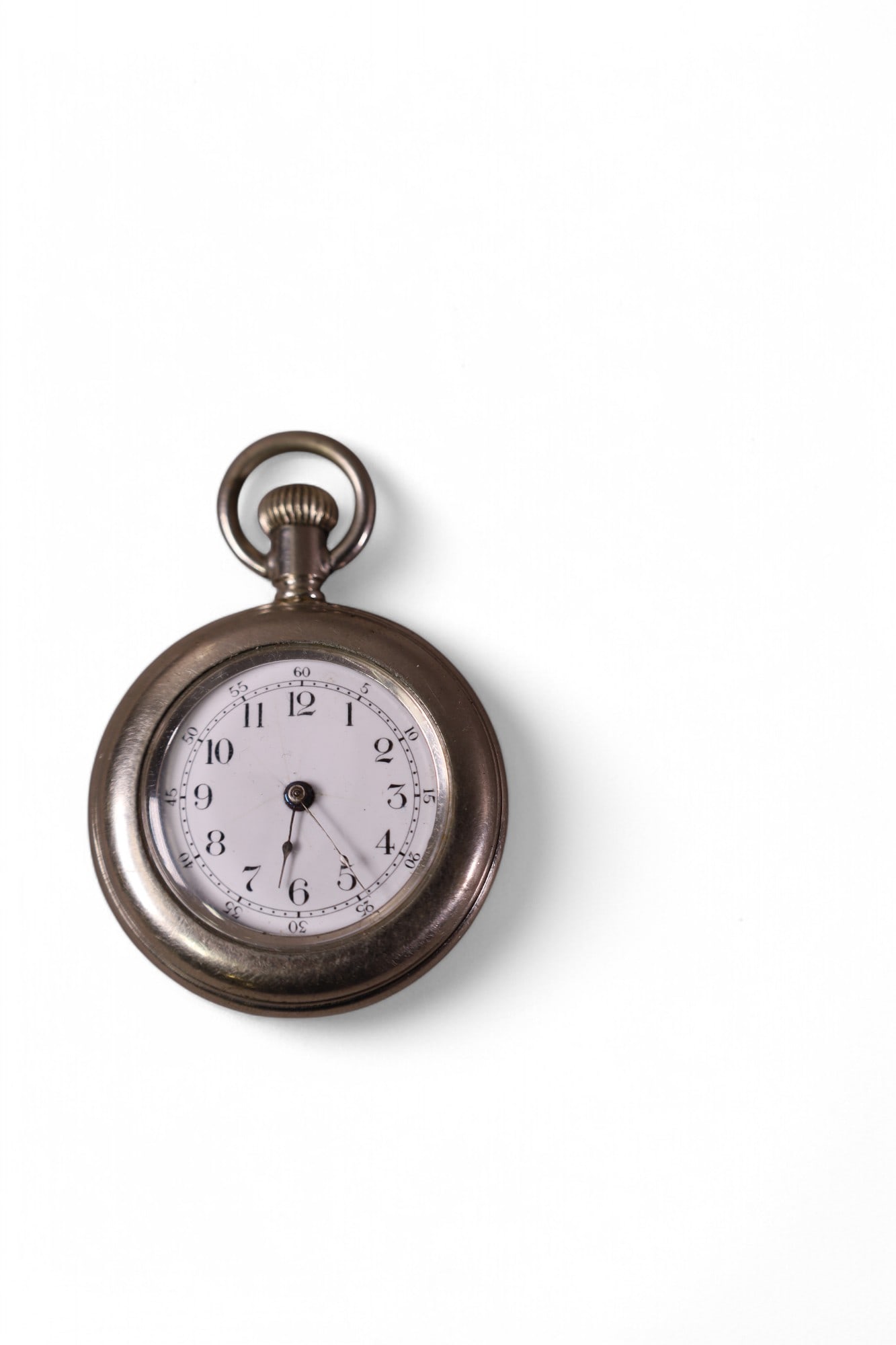 SMALL POCKETWATCH: SMALL SILVER CASED POCKETWATCH, UNMARKED. 1 1/2" DIAM. ALL WATCHES ARE SOLD AS IS UNSERVICED, WE DO NOT GUARANTEE WORKING ORDER.