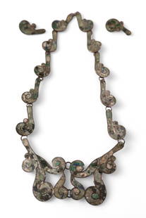 3 PIECE MEXICAN STERLING JEWELRY SET: MEXICAN SILVER WITH TURQUOISE DECORATION, NECKLACE AND MATCHING EARRINGS. 16" L NECKLACE.
