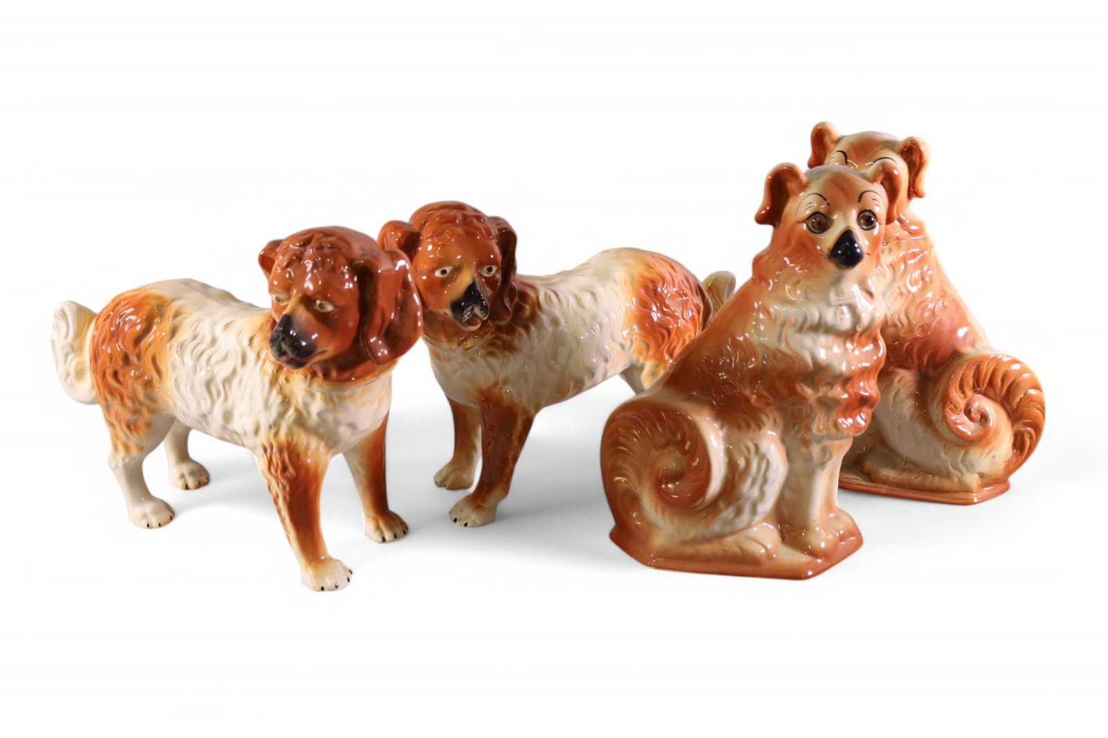 4 STAFFORDSHIRE DOGS: SEATED WITH GLASS EYES & PAIR OF DOGS. 7" & 11" H.