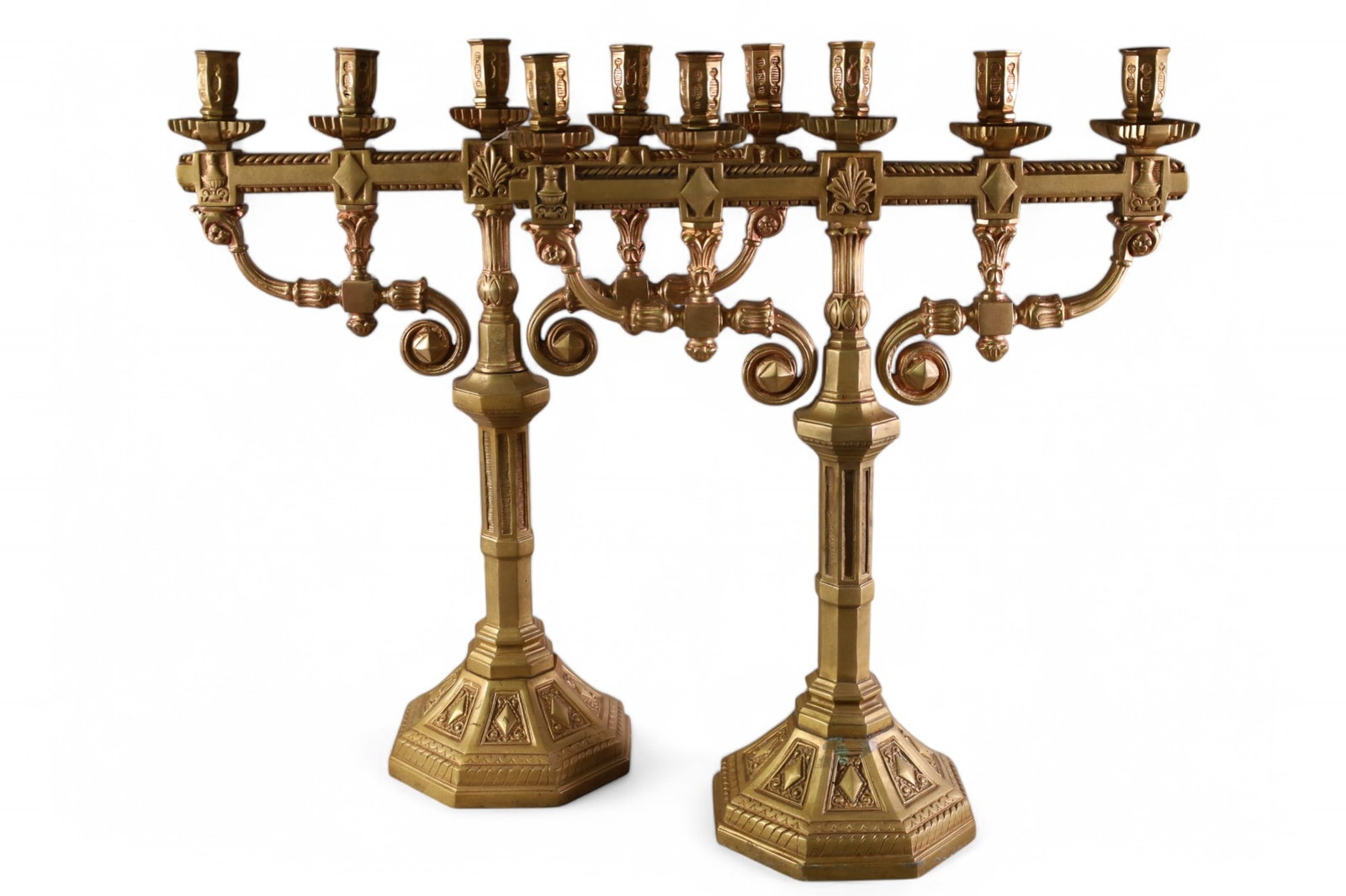 PAIR OF CAST BRONZE CANDELABRAS: PAIR OF LARGE CAST BRONZE 5 LIGHT CANDELARBAS, ONE CUP IS LOOSE. 24" H. THIS ITEM EXCEEDS SIZE LIMITATIONS FOR IN HOUSE SHIPPING, MUST BE PICKED UP IN HOUSE OR SHIPPED VIA 3rd PARTY GROUND SHIPPER.