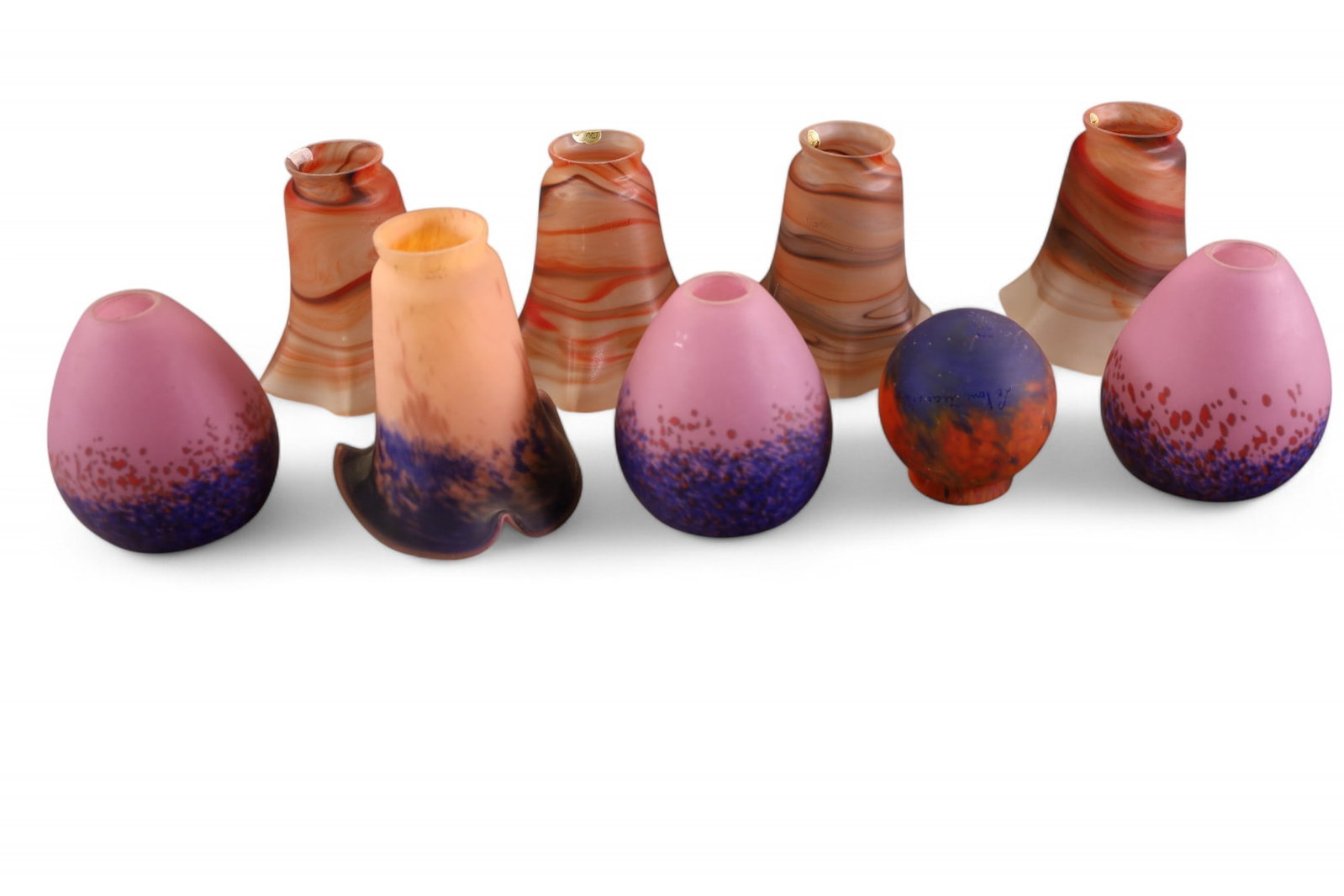 9 FRENCH ART GLASS SHADES: 9 SIGNED, FRENCH ART GLASS SHADES. LE. VERNE FRANCAIS. SET OF 4, 5 1/2" L & 2" FITTER. SET OF 3, 1 1/4" FITTER.