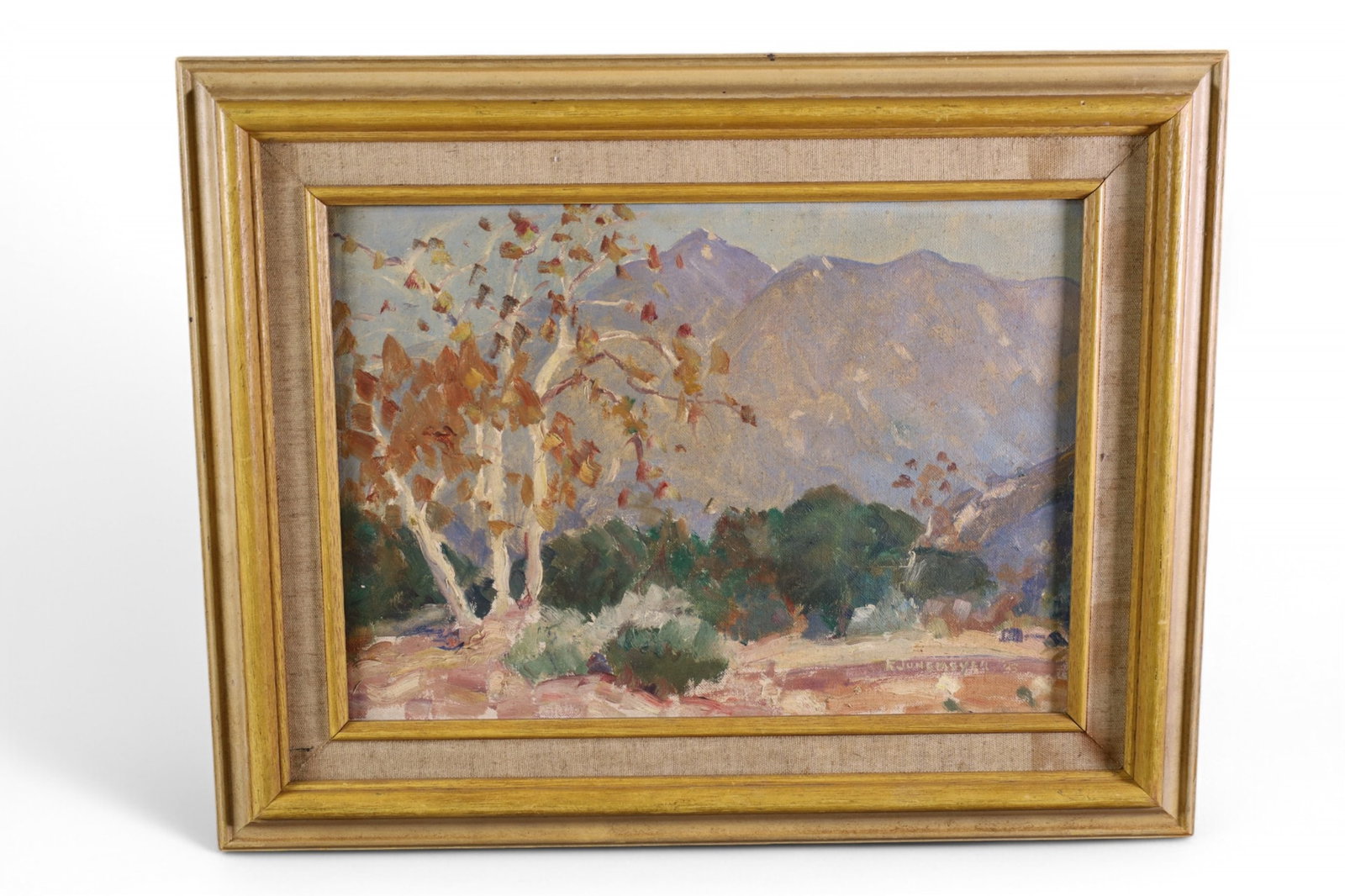 JUNE MEYER OIL PAINTING: OIL ON BOARD, SIGNED LOWER RIGHT, F. JUNE MEYER. 19" x 15" IN FRAME.