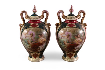 PAIR OF ROYAL VIENNA  PORCELAIN URNS