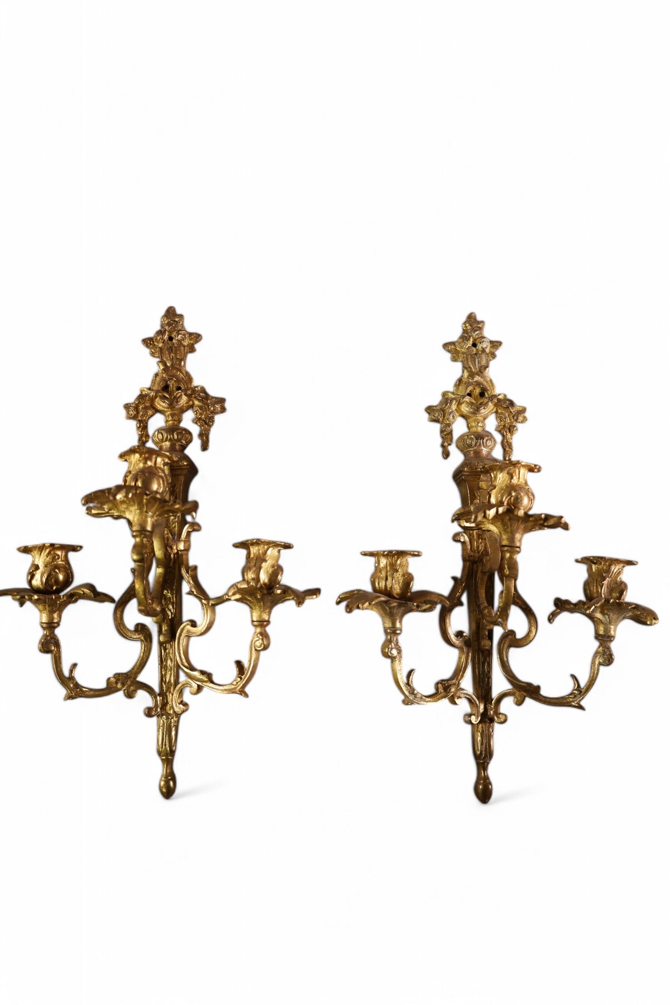 PAIR OF 3 ARM BRONZE WALL SCONCES (1 of 3)
