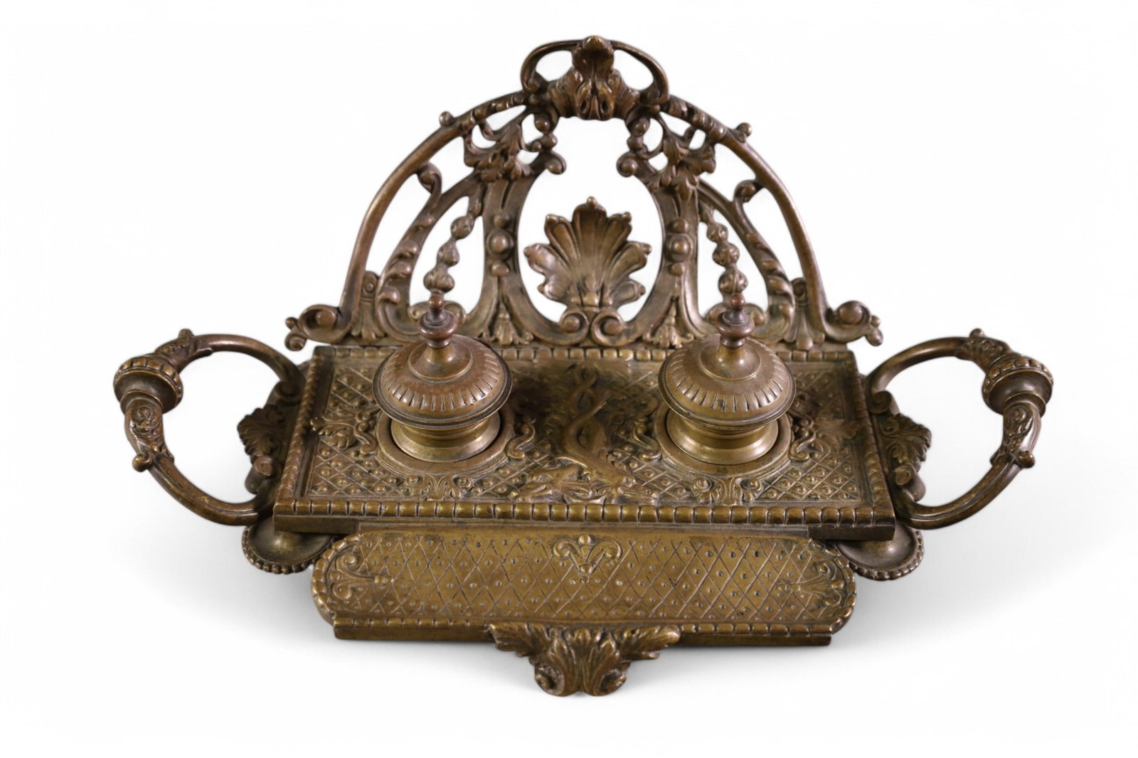 DOUBLE INKWELL: DOUBLE INKWELL, WITH PEN HOLDER. 14" W x 6" H