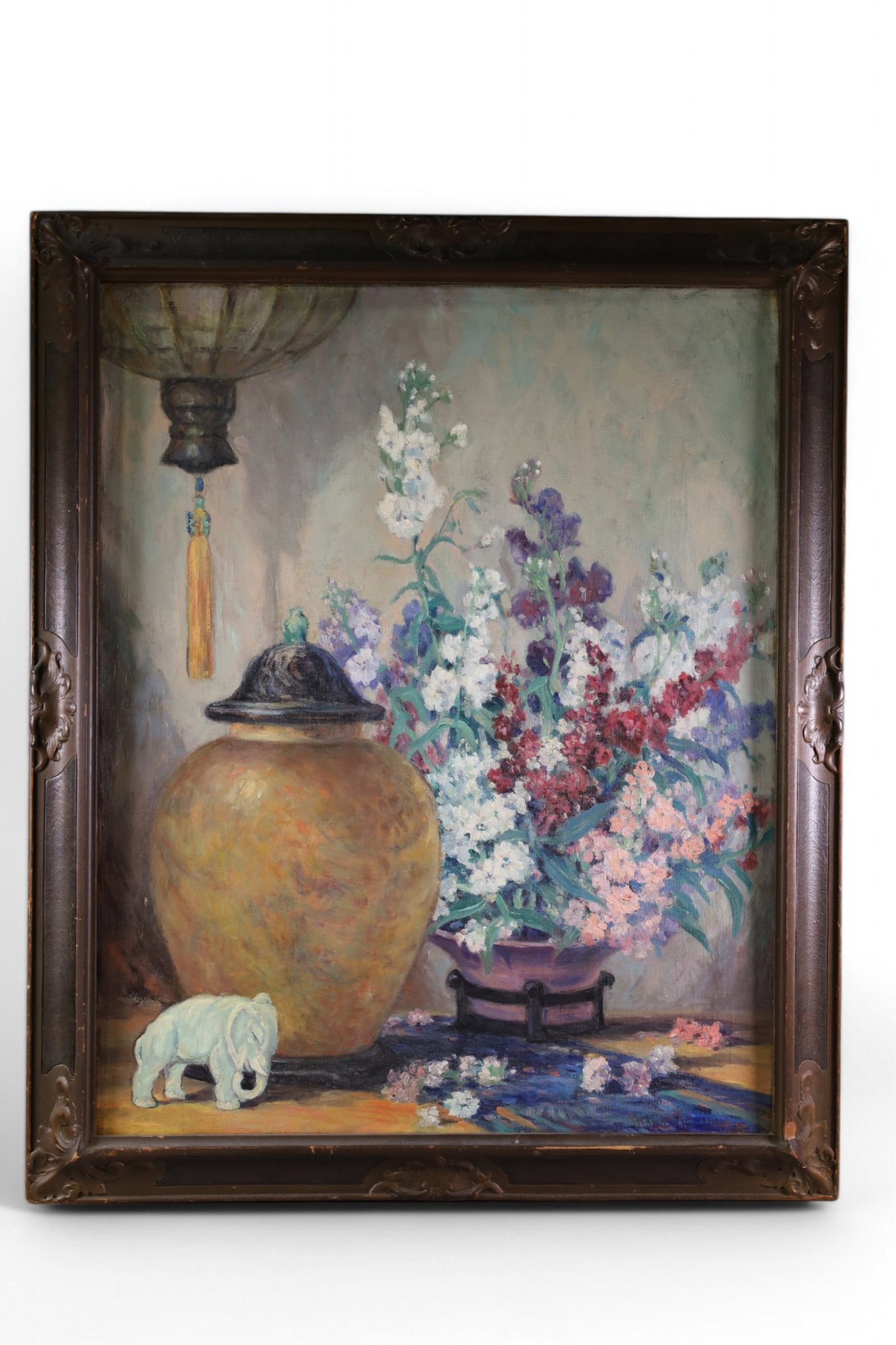 LARGE STILL LIFE OIL PAINTING: OIL ON CANVAS, SIGNED LOWER RIGHT, FREDERICK CHRISTIANSEN. 29" x 34 1/2" IN FRAME.