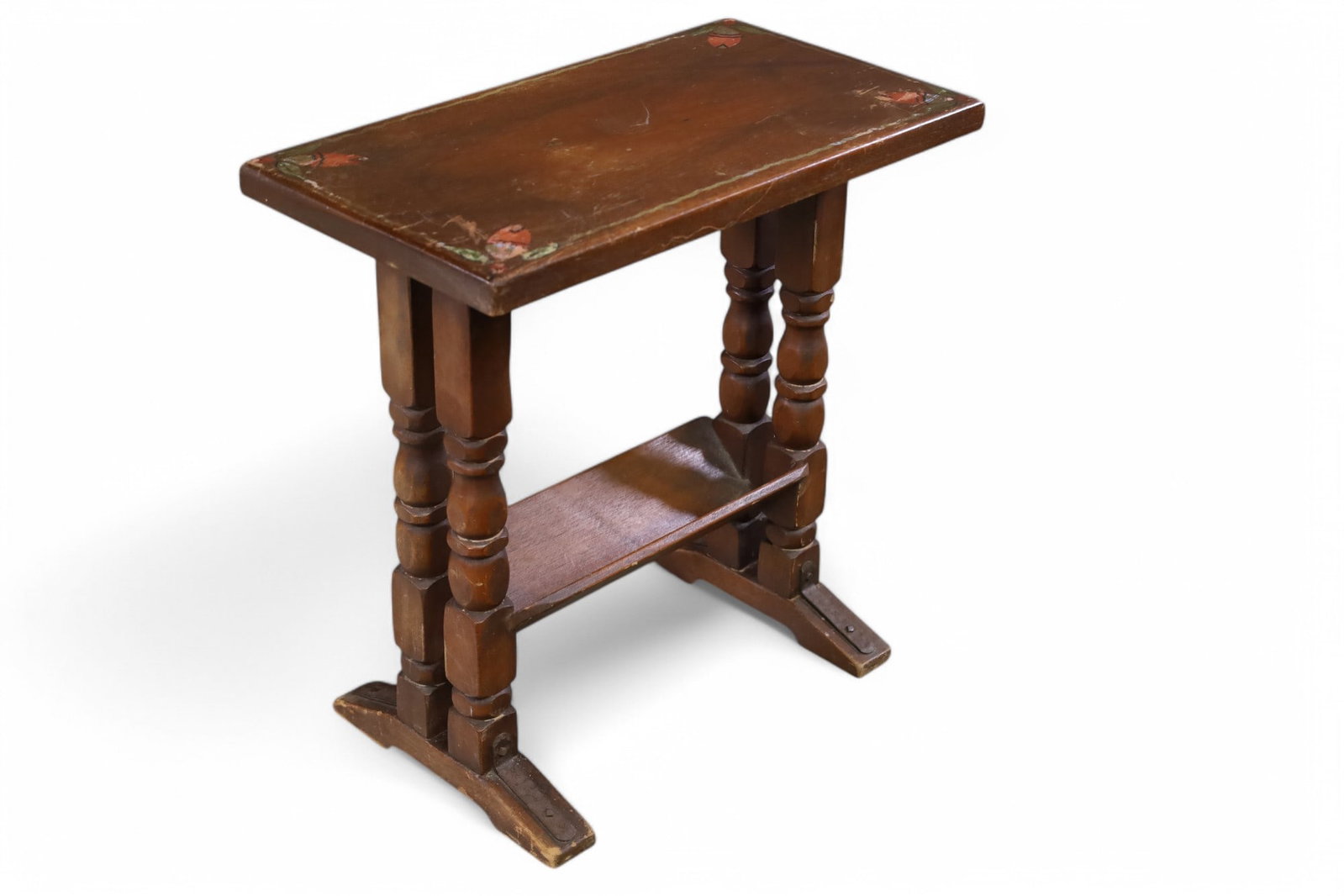 MONTEREY STYLE SIDE TABLE: MONTEREY STYLE SIDE TABLE, PAINTED ACCENTS. WEAR TO FINISH. 22" W x 12" D x 22" H. THIS ITEM EXCEEDS SIZE LIMITATIONS FOR IN HOUSE SHIPPING, MUST BE PICKED UP IN HOUSE OR SHIPPED VIA 3rd PARTY GROUND 