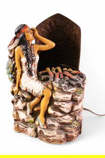 NATIVE AMERICAN MOTION LAMP: NATIVE AMERICAN TABLE LAMP, MOTION LAMP. MISSING GLASS. CHALKWARE PAINTED FINISH. 12" H