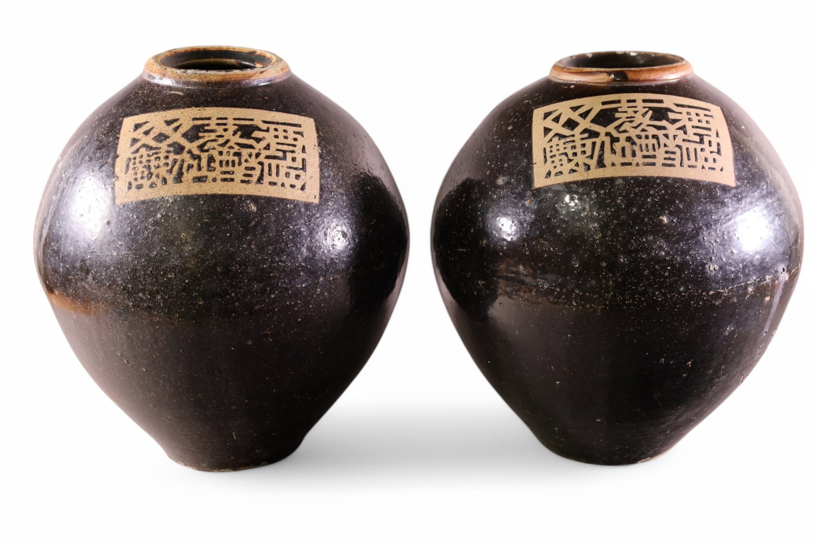 PAIR OF ASIAN POTTERY VESSELS: PAIR OF ASIAN POTTERY VESSELS, SOME CHIPS. RICE WINE JAR. 16" H.
