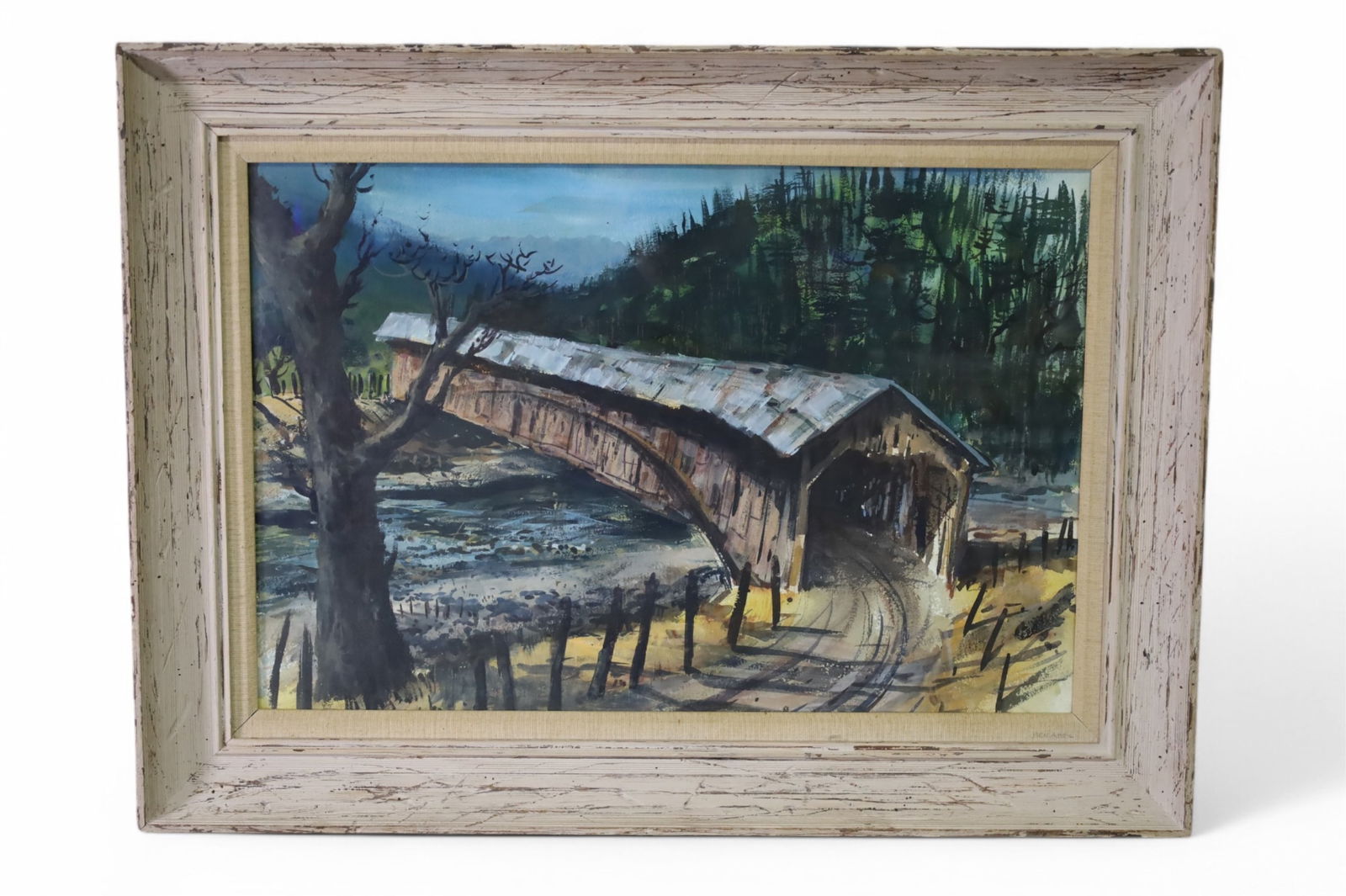 BRIDGE WATERCOLOR: ATTRIBUTED TO BEN ABRIL.. FRAMED UNDER GLASS. 29" x 19" IMAGE SIZE / 38" x 28" IN FRAME.