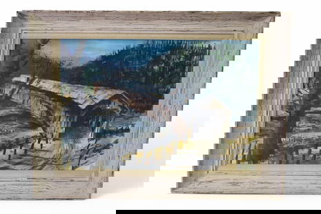 BRIDGE WATERCOLOR: ATTRIBUTED TO BEN ABRIL.. FRAMED UNDER GLASS. 29" x 19" IMAGE SIZE / 38" x 28" IN FRAME.