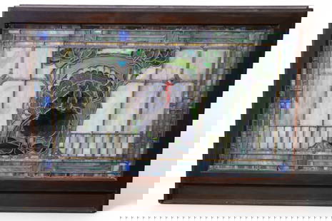 ANTIQUE TURKEY STAINED GLASS WINDOW: LARGE STAINED GLASS WINDOW, TURKET MOTIF. IN WOOD FRAME. 46" x 25" WINDOW SIZE & 49" x 35" IN FRAME. THIS ITEM EXCEEDS SIZE LIMITATIONS FOR IN HOUSE SHIPPING, MUST BE PICKED UP IN HOUSE OR SHIPPED VIA