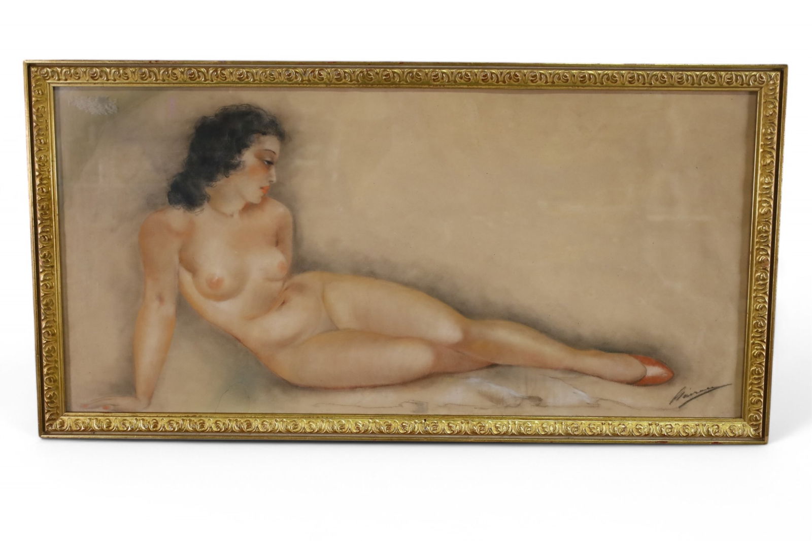 ART NOUVEAU NUDE PASTEL: NUDE PORTRAIT PASTEL, SIGNED IN LOWER RIGHT, ILLEGIBLE. 41" x 21" IN FRAME. THIS ITEM EXCEEDS SIZE LIMITATIONS FOR IN HOUSE SHIPPING, MUST BE PICKED UP IN HOUSE OR SHIPPED VIA 3rd PARTY GROUND SHIPPER