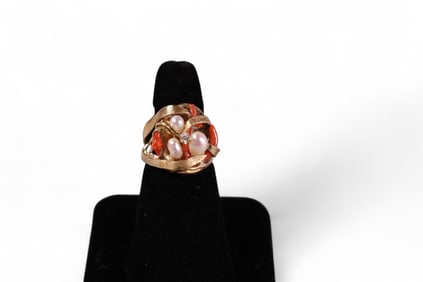 14k GOLD, PEARL, & CORAL RING