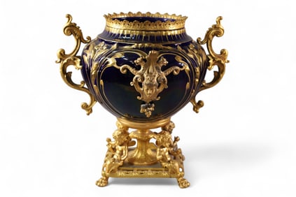 GILT METAL & COBALT PORCELAIN CENTER PIECE