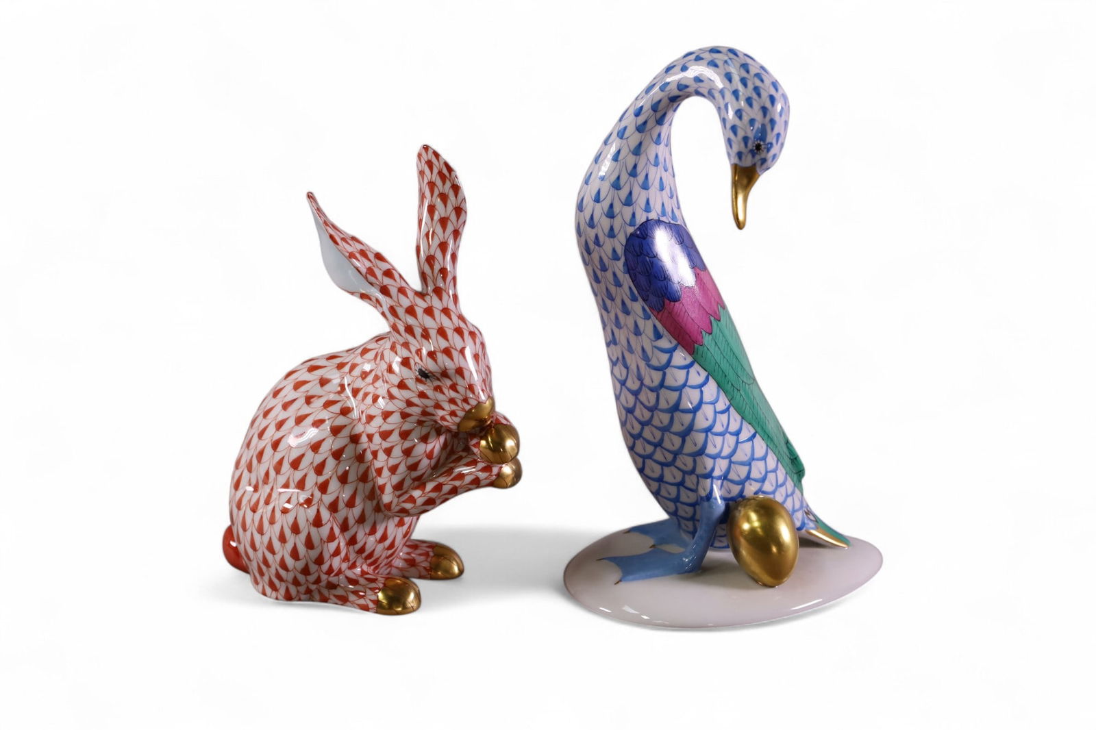 2 PIECES OF HEREND: BUNNY & DUCK, MARKED HEREND. 6" & 8" H.