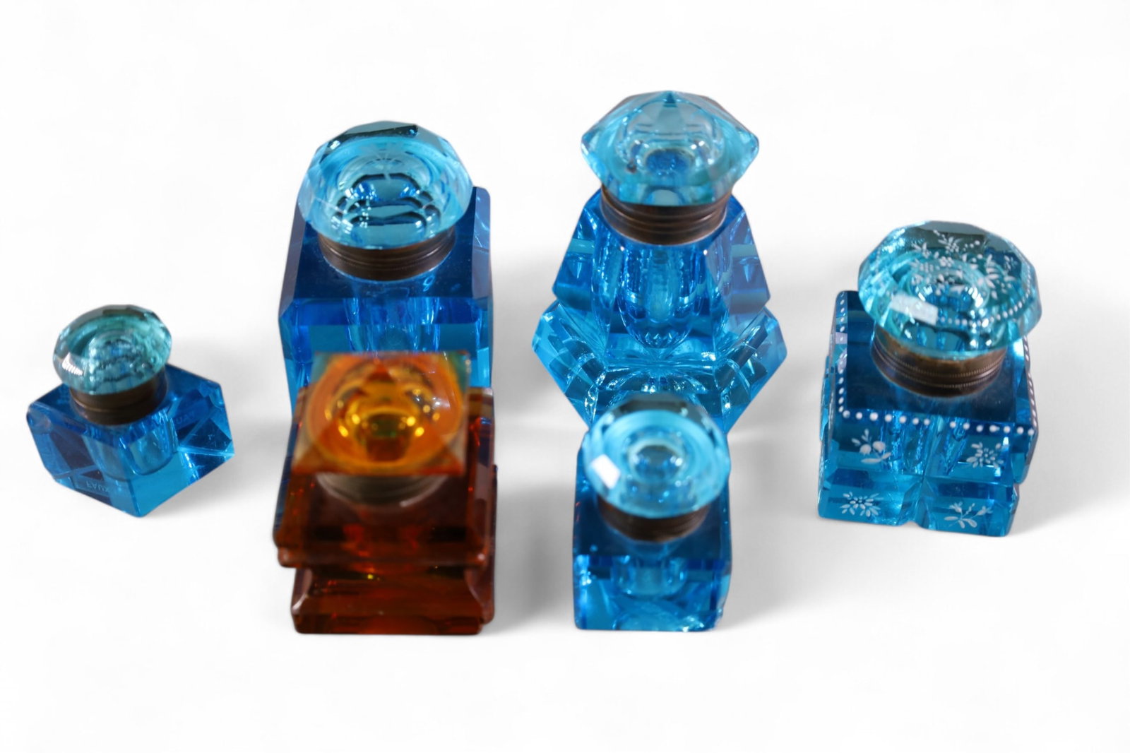 6 VICTORIAN GLASS INKWELLS: 6 VICTORIAN INKWELLS, SOME CHIPS. 2" - 4"