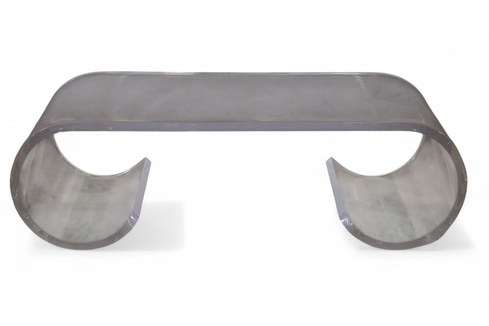 ACRYLIC COFFEE TABLE: MID CENTURY MODERN ACRYLIC COFFEE TABLE, ROLLED EDGES. 50 1/2" W x 24" D x 15" H. THIS ITEM EXCEEDS WEIGHT LIMITATIONS FOR IN HOUSE SHIPPING, MUST BE PICKED UP IN HOUSE OR SHIPPED VIA 3rd PARTY GROUND