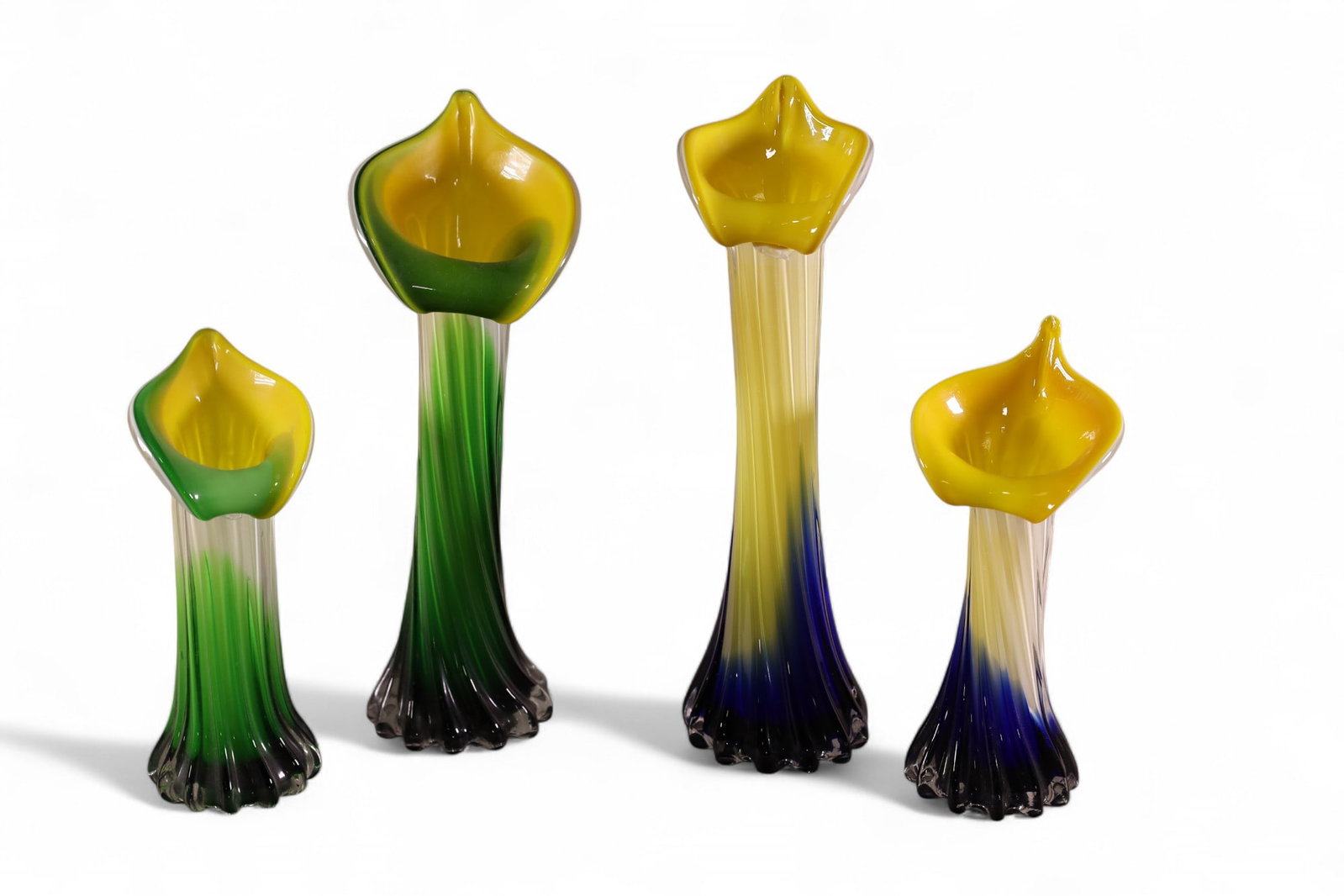 4 MURANO VASES: MURANO ART GLASS VASES. 8" - 12" " H. THIS ITEM EXCEEDS WEIGHT LIMITATIONS FOR IN HOUSE SHIPPING, MUST BE PICKED UP IN HOUSE OR SHIPPED VIA 3rd PARTY GROUND SHIPPER.
