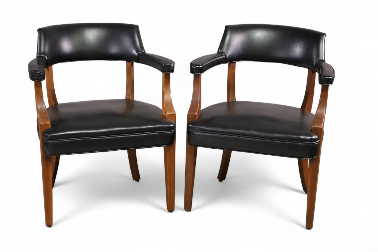 PAIR OF VINTAGE ARMCHAIRS: PAIR OF VINTAGE LEATHER ARMCHAIRS, 23" W x 24" D x 32" H. THIS ITEM EXCEEDS WEIGHT LIMITATIONS FOR IN HOUSE SHIPPING, MUST BE PICKED UP IN HOUSE OR SHIPPED VIA 3rd PARTY GROUND SHIPPER.