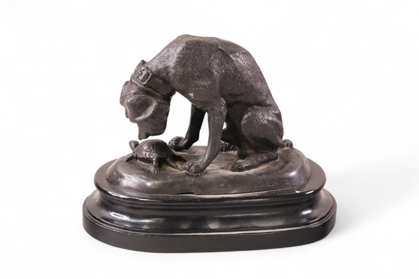 BRONZE DOG SCULPTURE: SCULPTURE OF DOG SMELLING TURTLE, 10"W x 7 1/2" H.